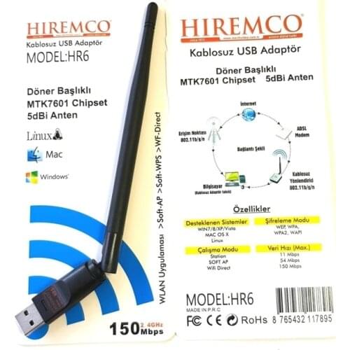 Hiremco Turbo HD USB WiFi Antenna 5dbi Antenli 7601 Chipsets