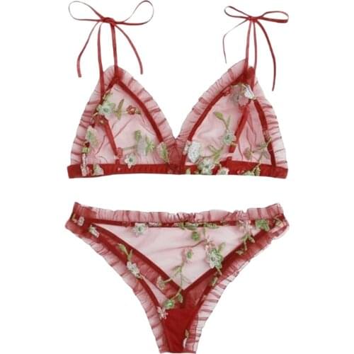 2 Pieces Lingerie Set Women’ s Flower Embroidery See-through Bow knot straps Bra Underwear and Underpants Exotic Sets