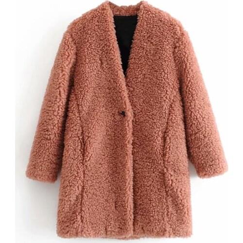 Nice Casual Woman Warm Warm Fleece Long Coats New Vogue Ladies Winter Thick Single Breasted Jacket Female Chic V Neck Outwear