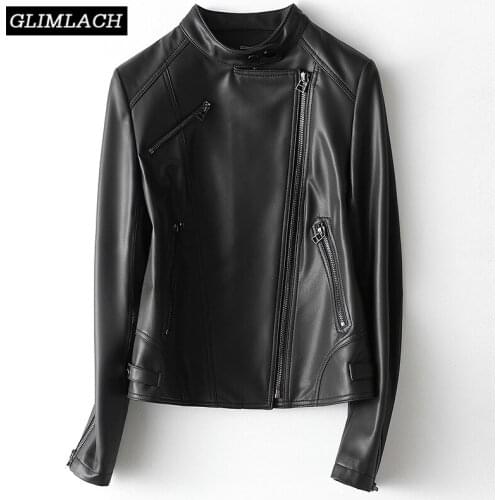 2021 New Women Genuine Leather Jacket Fashion 100% Lambskin Genuine Leather Short Coat Female Black Stand Collar Casual Overcoat
