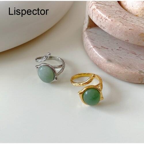 Lispector 925 Sterling Silver Round Green Agate Rings for Women Light Luxury Irregular Hollow Ring Female Jewelry Gifts