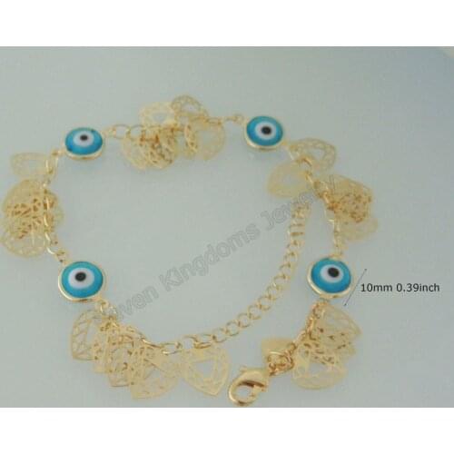 MIN ORDER 10$ / NEW 8.7"+1.97"" - YELLOW GOLD GP OVERLAY FILL WITH BRASS EVIL EYE GLASS HEART CHARM BRACELET/GREAT GIFT