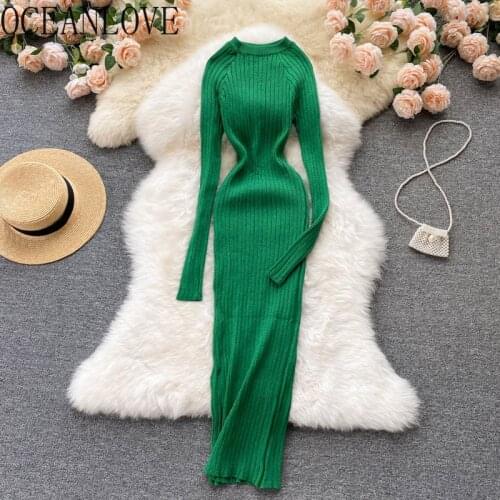 OCEANLOVE Autumn Winter Dress for Women 2021 Solid Shining Knitting Bodycon Vestidos Korean Vintage 2021 Stretch Long Dresses