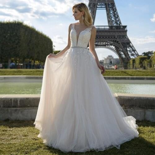 2021 Ruby Elegant V-neck Sleeveless Wedding Dresses A-Line Applique Custom Made Tulle Bridal Gowns Beaded Belt Vestidos De Novia