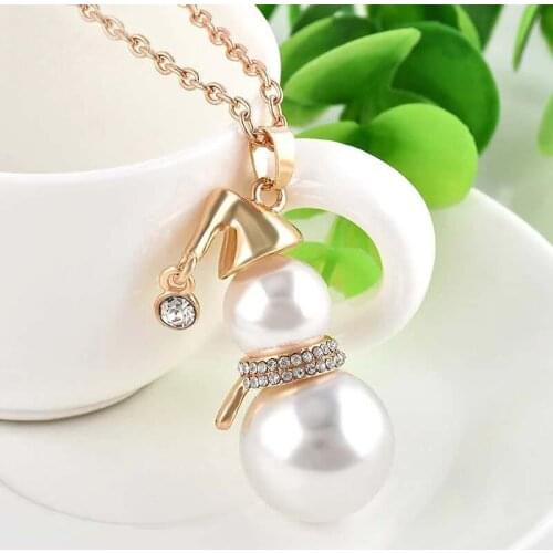 Christmas Hat Snowman Pendant Long Necklace Women Gold Fashion White Pearl Necklace Jewelry Gift Wholesale Sweater Chain