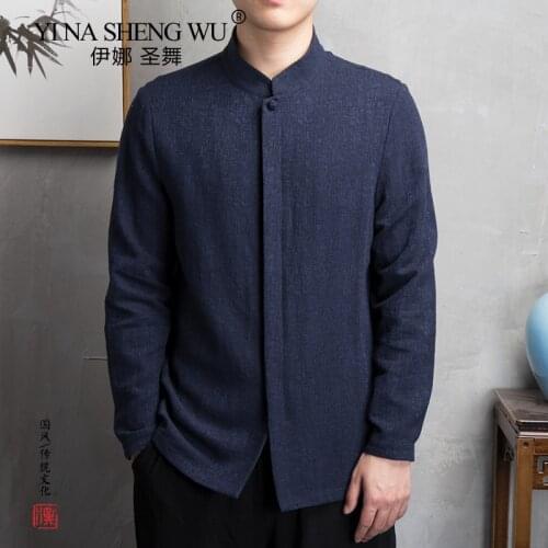 Mens Chinese Style Cotton Linen Long Sleeve Shirt Men Casual Clothing Retro Tang Suit Stand Up Collar Top Plus Size Clothes Male
