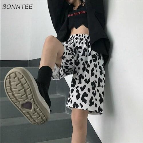 Shorts Women Leisure Simple Basic Streetwear Elastic Waist All-match Vintage Cute BF Unisex Ins Harajuku Cow-Print Summer Couple