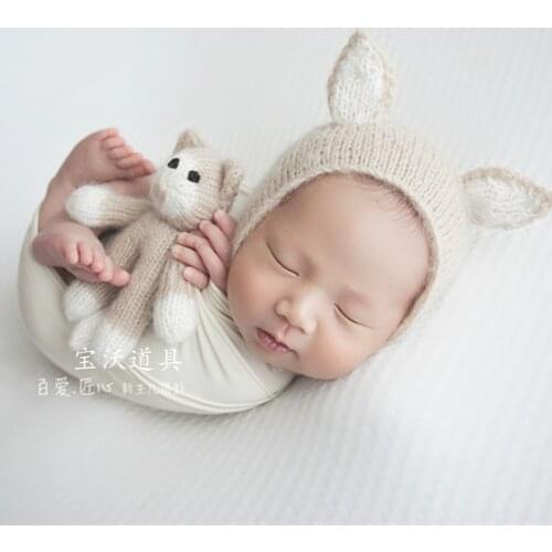 Newborn Knitted Cat Hat and Toy Set photography props Crochet Baby Mohiar Animal Toy Baby Mohair Soft Hat Photo Props