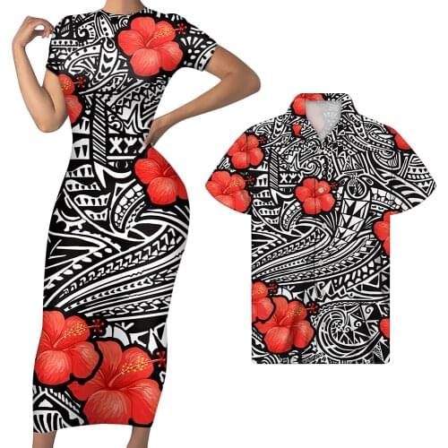 WHEREISART Polynesian Red Hibiscus Print women dresses sexy bodycon club party dress Summer Men Casual Shirt Vacation Couple Set