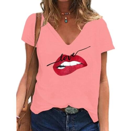 2021 Summer Womens T-Shirt New Short Sleeve Loose Pullover Female Casual Fashion Office Ladies Tee V-Neck Lip Print Tops
