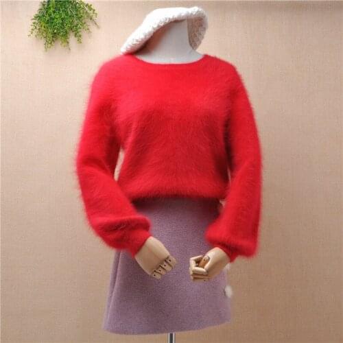 Ladies women fahsion hairy angora rabbit fur o-neck long lantern sleeves slim pullover mink cashmere winter jumper pull sweater