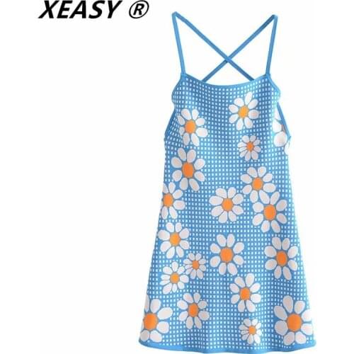 XEASY Za Summer Slip Dress Woman Jacquard Blue Floral Knitted Mini Dress Strappy Sexy Backless Short Dresses Vestir
