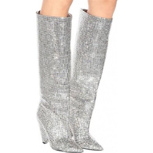 Winter Womens Boots Silver Bright Diamond Special-shaped High-heeled Knee-high Boots Crystal Strange Style Heels Shoes Woman