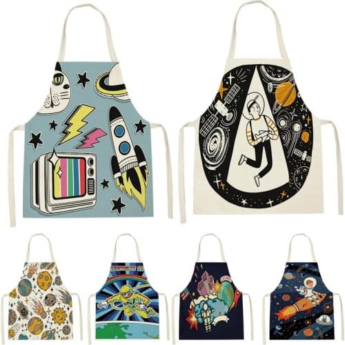 1 Piece Cartoon Universe Space Astronaut Science Space Ship Apron Ladies Adult Bib Home Cooking Coffee Shop Cleaning Apron Bib
