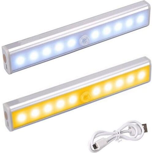 10 LED Cabinet Light Bed Lamp PIR Motion Sensor USB Charge LED Under Cabinet Night Light for Closet Stairs Kitchen Cupboard