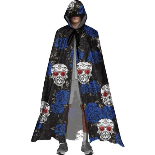 Adult Halloween Hooded Black Cloak Floral Sugar Skull Pattern Gothic Cosplay Costumes for Womens Mens Long Capas y Ponchos