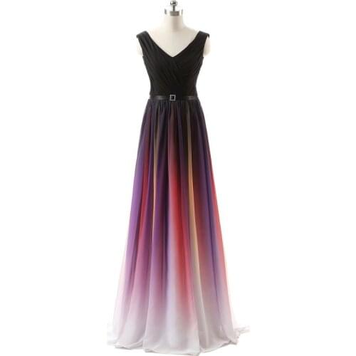 Black Gradient Color Prom Dresses Long V Neck Ombre Chiffon Evening Gowns Pleated Party Dress vestidos de fiesta