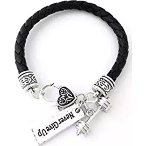 Black Leather Braided CrossFit Weight Lifting Fitness Dumbell Barbell Charm Bracelet "Never Give Up"