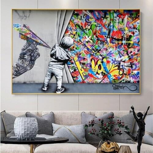 Kids Lover Behind The Curtain Canvas Painting Abstract Graffiti Art Posters and Prints Wall Art Pictures for Living Room Decor