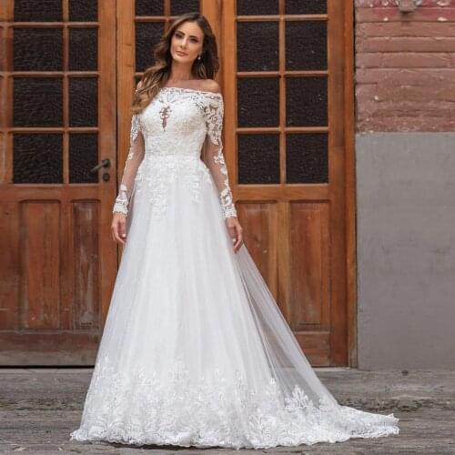 Elegant Boat Neck A Line White Wedding Dress Plus Size Suknia Slubna Long Sleeves Lace Appliques Robe Longue Bridal Gowns Formal