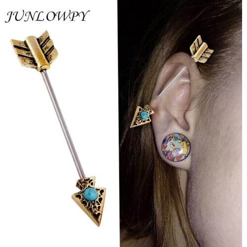 JUNLOWPY gold Silver Stainless Steel Industrial Piercing Ear Cartilage Stud Earring body Arrow Ear Piercings Barbell