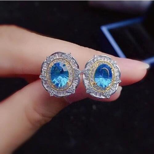 Classic Sterling Silver Topaz Stud Earrings 6mm*8mm Natural Blue Topaz Silver Earrings for Daily Wear 925 Silver Topaz Jewelry
