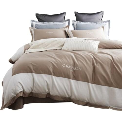 4pcs Americal Style Beige and White Patchwork Duvet Cover Set Silky Egyptian Cotton Bedding Sheets Queen King Size Linen Sateen