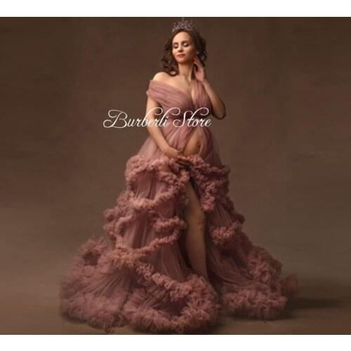 Pretty Blush Pink Tulle Ruffles Maternity Dress Long Tobes Sexy V Neck Front Slit Pregnant Women Gowns To Photography Plus Size