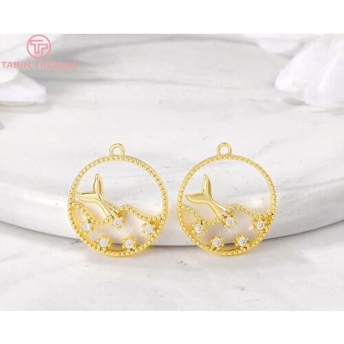 6PCS 17x19MM Hole 1.5MM 24K Gold Color Brass with Zircon Whale Tail Charm Pendants for DIY Jewelry Making Findings Accessories