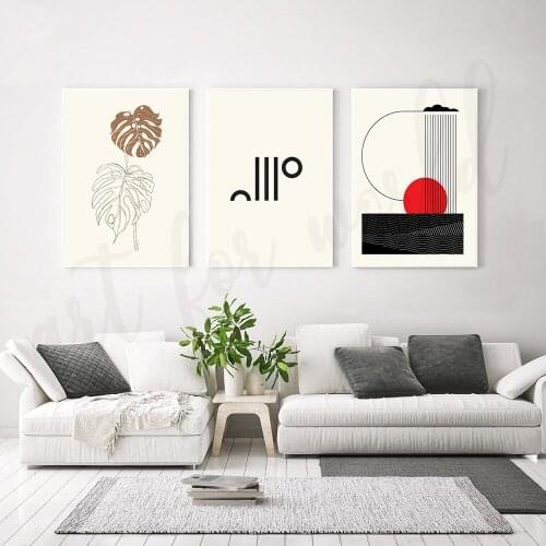 Minimalist Line and Circle Picture Nordic Leaves Poster Wall Art Red Sun Print Canvas Painting Decor for Living Room