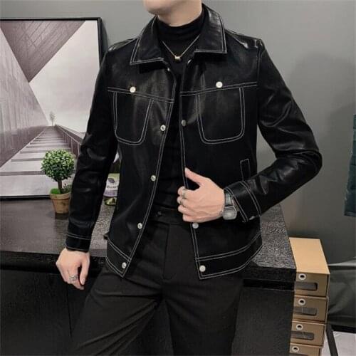 Mens motorcycle leather jacket casual short coats European American western cowboy rivet buckle youth top-line casaco куртка