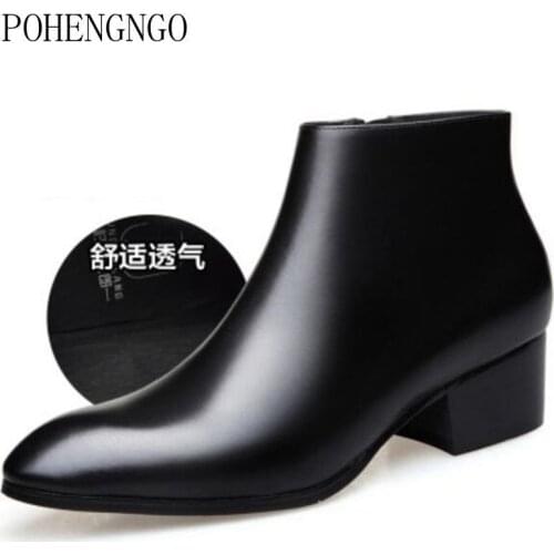 2020 mens genuine leather boots 6cm high heels fashion pointed toe zip ankle boots high top men shoes black cowboy boots man