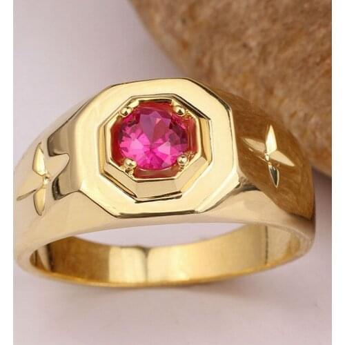 Yellow Gold Color Men Solid Silver Ring 5mm Center Stone Fashion Jewelry Selectable Size 10 to 13 R524G