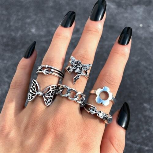 Punk Finger Ring Set Flower Fairy Flower Butterfly for Women Gothic Silver Color Dice Angel Wings Jewelry Anillos