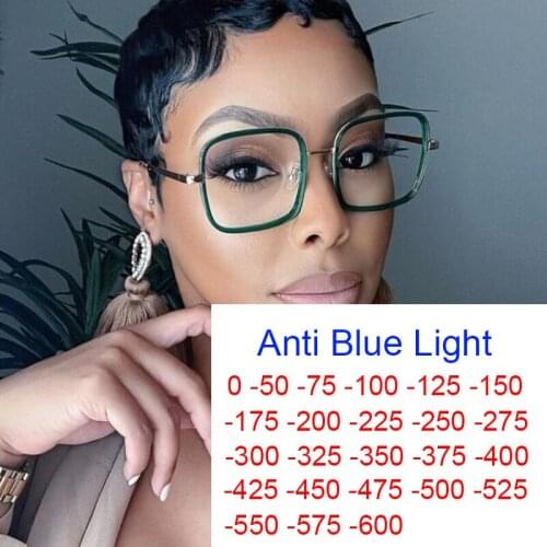 Anti Blue Light Computer Myopia Glasses Women Men Oversized Square Green Shades Retro Alloy Prescription Glasses +0.5~+6.0