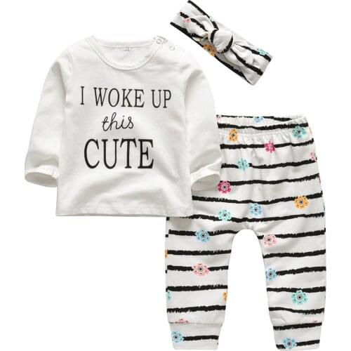 Baby Girl Clothes 3Pcs Set Cotton Long sleeve Letter I Woke Up This Cute Long Sleeve Tops Casual Pant Headband Newborn Clothes