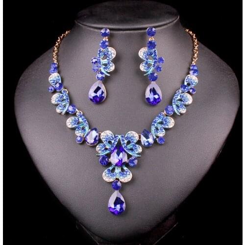 Fashion Butterfly Blue Rhinestones Crystal Necklace Earrings Party Wedding Jewelry Sets Decoration Accessories Xmas Gift Women