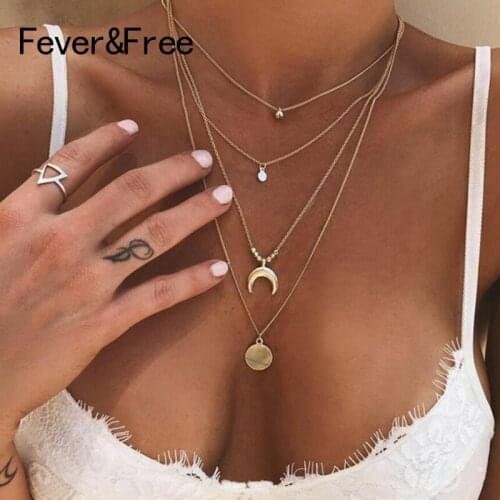 Fever&Free Boho Layered Small Bead Necklace For Women Gold Retro Round Moon Necklace Pendants Bijoux Femme Choker For Lover Gift