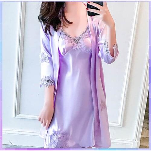 2pcs Sexy Lace Robe Women Pajama Sets Nightgown Ice Silk Long Sleeve Kimono Bathrobe Bride Bridesmaid Wedding Long Robe Suit