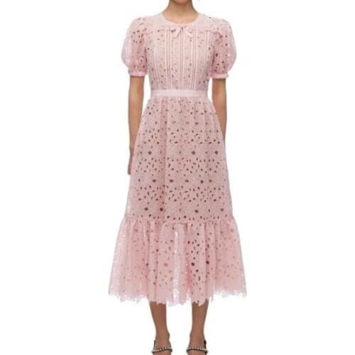 ZAWFL Korean Court Style Lace Hook Flower Dress Women Elegant High Waist Hip Mermaid Slim Vestido O-Neck Short Sleeve Robe