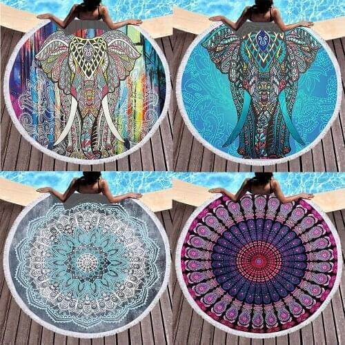 Mandala Drawing Bohemia Elephant Beach Bath Towel Round Sea Blanket Seaside Yoga Carpet Picnic Mat Absorbent Manteau Cover Cloak