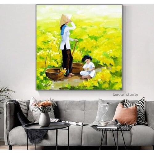 Hand Pained Oil Painting Abstract Art Folk Costume Farmer Vietnamese Art for Living Room Wall Decoration