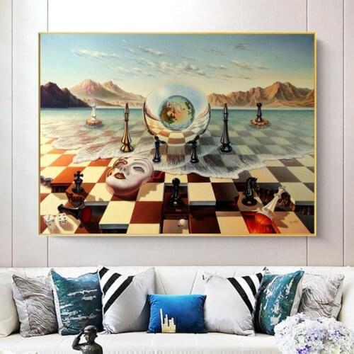 Salvador Dali Surrealism Chess Mask On Sea Canvas Prints Painting On Wall Art Abstract Weird Posters Picture Home Decor Cuadros