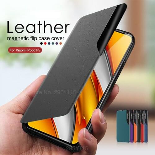 F3poco case pu leather smart view window flip covers for xiaomi little pocophone poco f3 f 3 pocof3 5g magnetic stand para funda