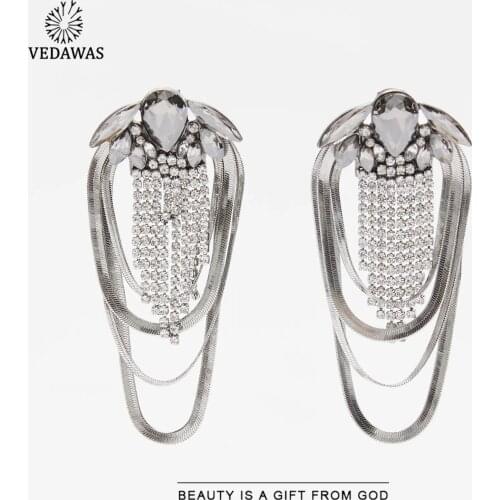 Vedawas ZA Sparkly Vintage Earrings for Women Punk Metal Asymmetric Rhinestone Bling Fringed Hanging Drop Earrings Party Show