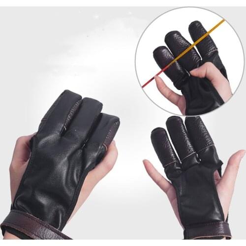 Protective 3 Fingers Hand Leather Black Guard Glove Safety Archery for Recurve Compound Bow Shooting Crossbow Slingshot Hunting