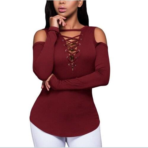 Women Sexy Hollow Out Bandage Tops Clod Shoulder Slim Fit Casual Deep V Neck Shirt Solid Fashion Long Sleeve Female Clothes D30