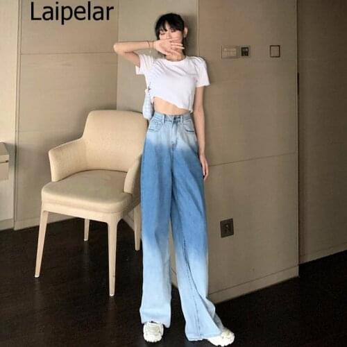 2020 New AutumnCasual Jeans Woman Long Trousers Cowboy Female Loose Streetwear Gradual Color Wide Leg Pants