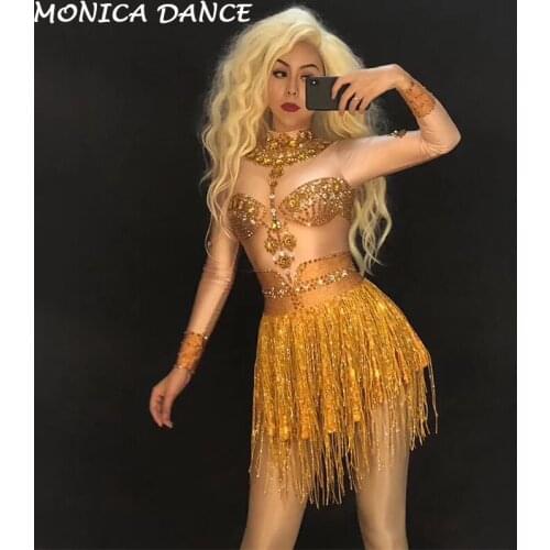 Women Sexy Stage Gold Tassel Short Dress Sparkling Crystals Nightclub Party Performance Stage Wear Dancer Bling Singer Costumes