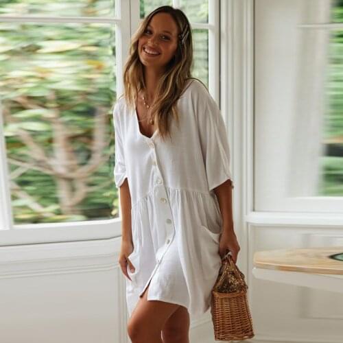 Syhloli Women casual single breasted mini dress white green v-neck batwing sleeve straight dress 2021 new fashion summer dress